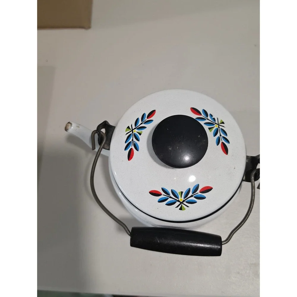 Vintage Bergen Enamelware Teapot Fruit Bowl Graphic White Enamel Tea Kettle